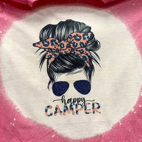 Messy Bun Happy Camper Bleached Shirt with Glitter Sunglasses